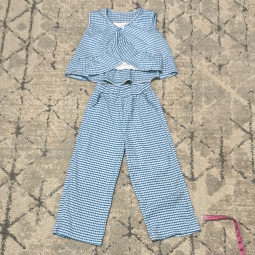 Blue Gingham Sleeveless Top and Pants Set